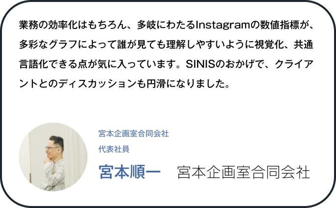 業務の効率化はもちろん、多岐にわたるInstagramの数値指標が、多彩なグラフによって誰が見ても理解しやすいように視覚化、共通言語化できる点が気に入っています。SINISのおかげで、クライアントとのディスカッションも円滑になりました。